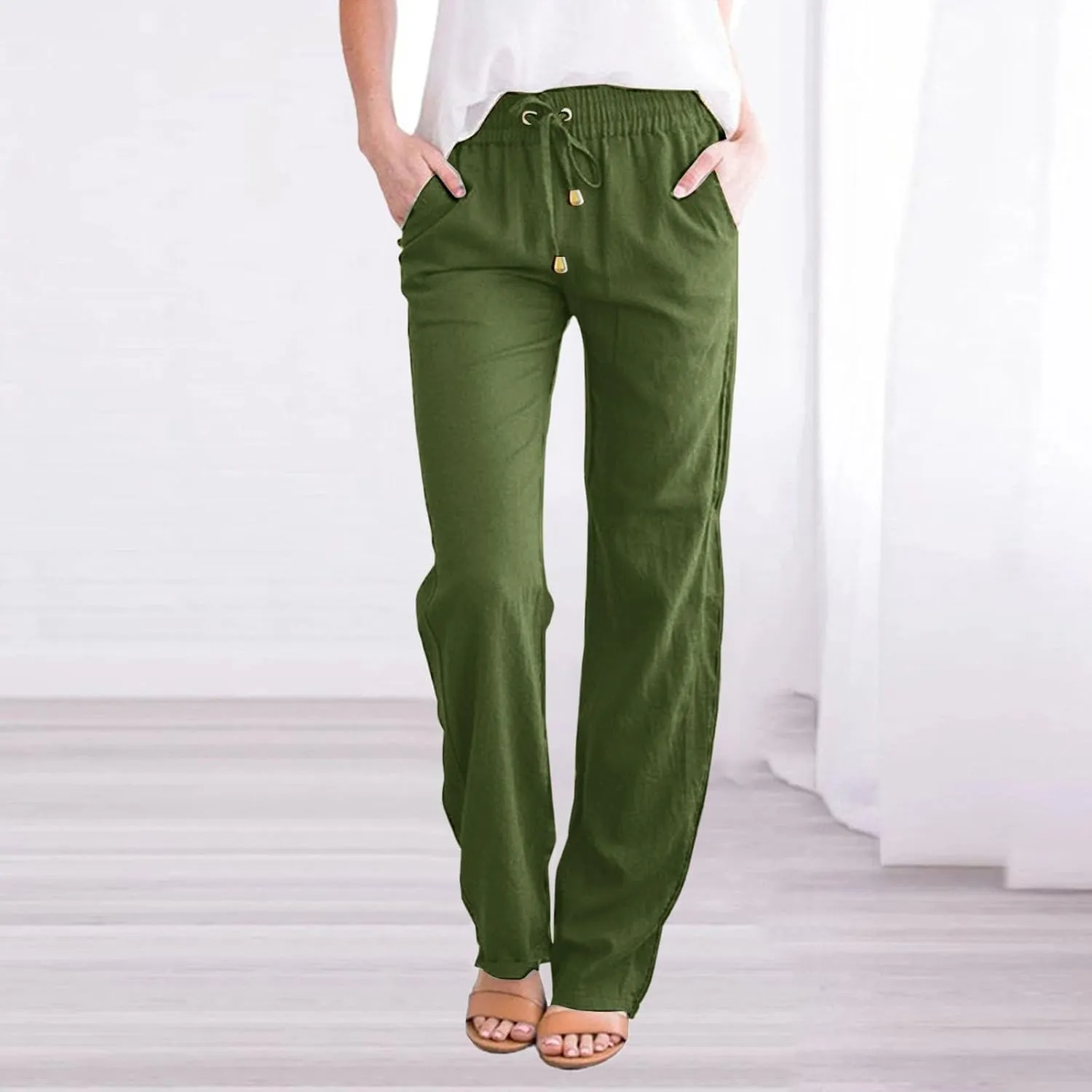 Women's Cotton Linen Summer Split Flowy Palazzo Pants Elastic Waisted Stretchy Straight Slim-Fit Palazzo Lounge