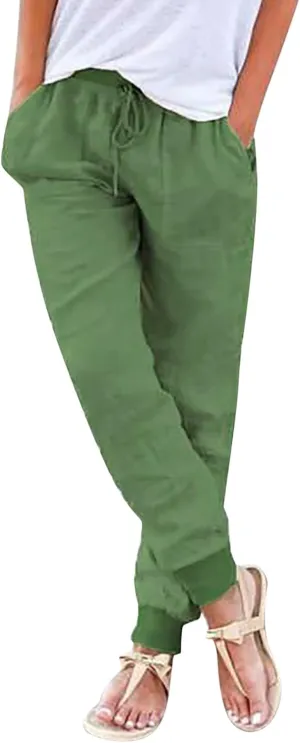 Womens Cotton Linen Tapered Pants Summer Drawstring Elastic Waist Pants Casual Trousers with Pockets
