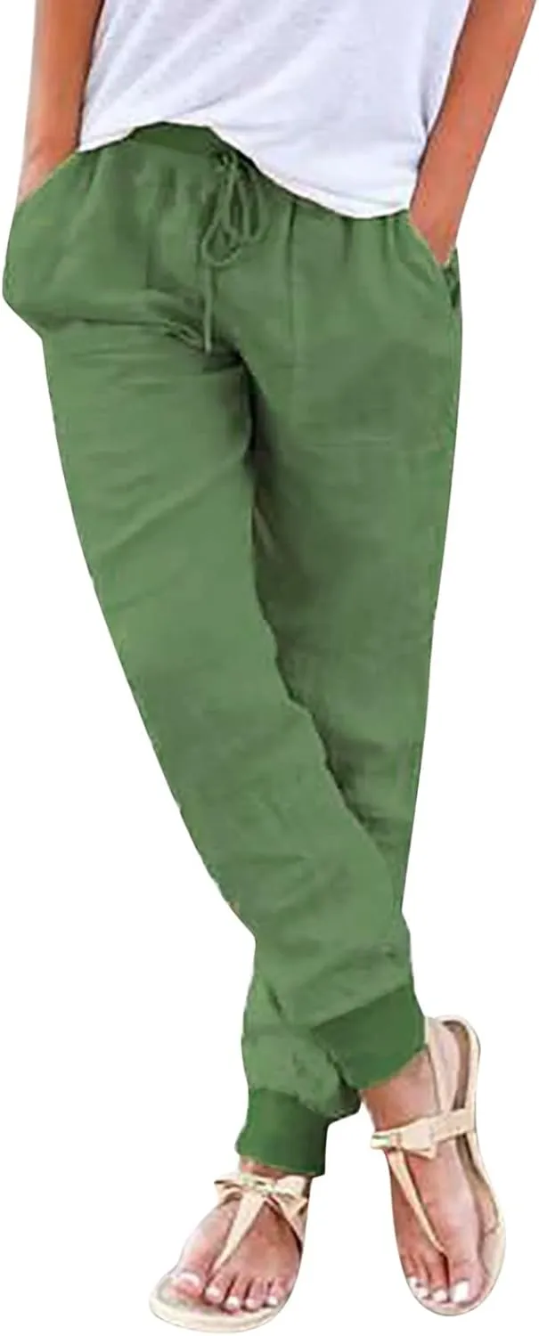 Womens Cotton Linen Tapered Pants Summer Drawstring Elastic Waist Pants Casual Trousers with Pockets
