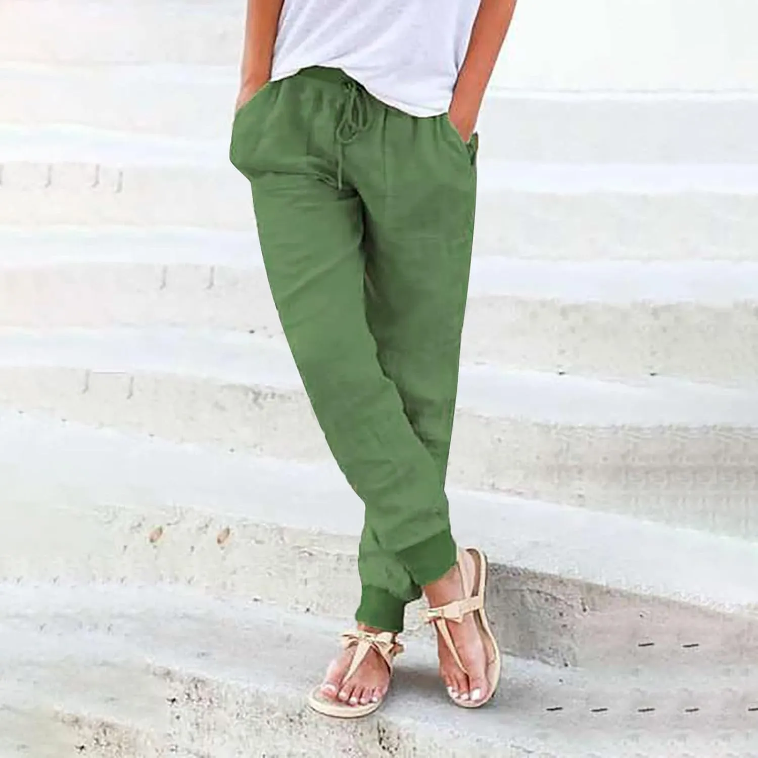 Womens Cotton Linen Tapered Pants Summer Drawstring Elastic Waist Pants Casual Trousers with Pockets
