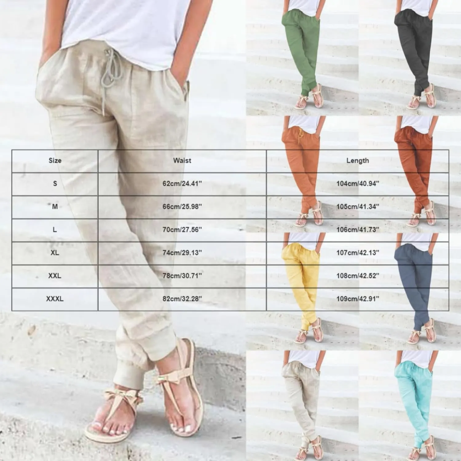 Womens Cotton Linen Tapered Pants Summer Drawstring Elastic Waist Pants Casual Trousers with Pockets