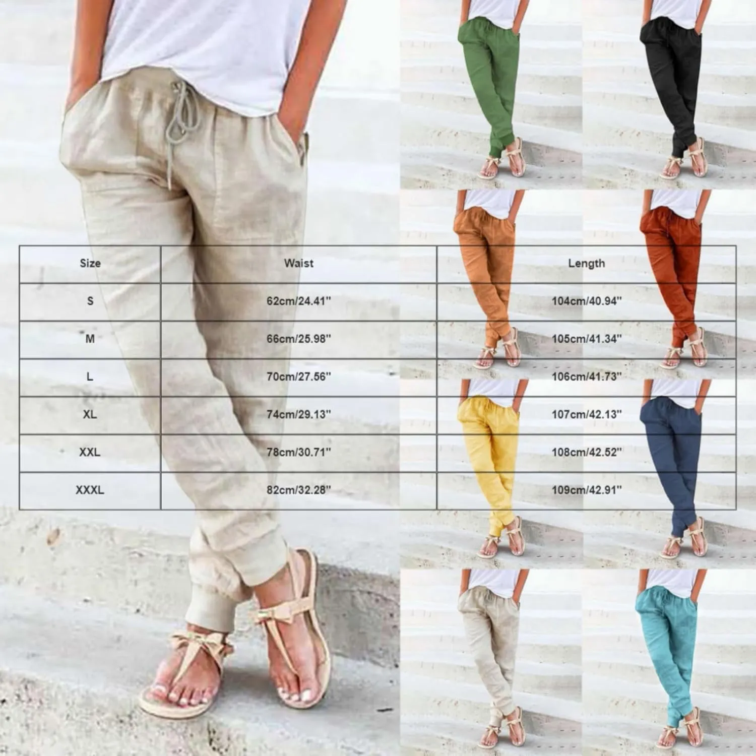 Womens Cotton Linen Tapered Pants Summer Drawstring Elastic Waist Pants Casual Trousers with Pockets
