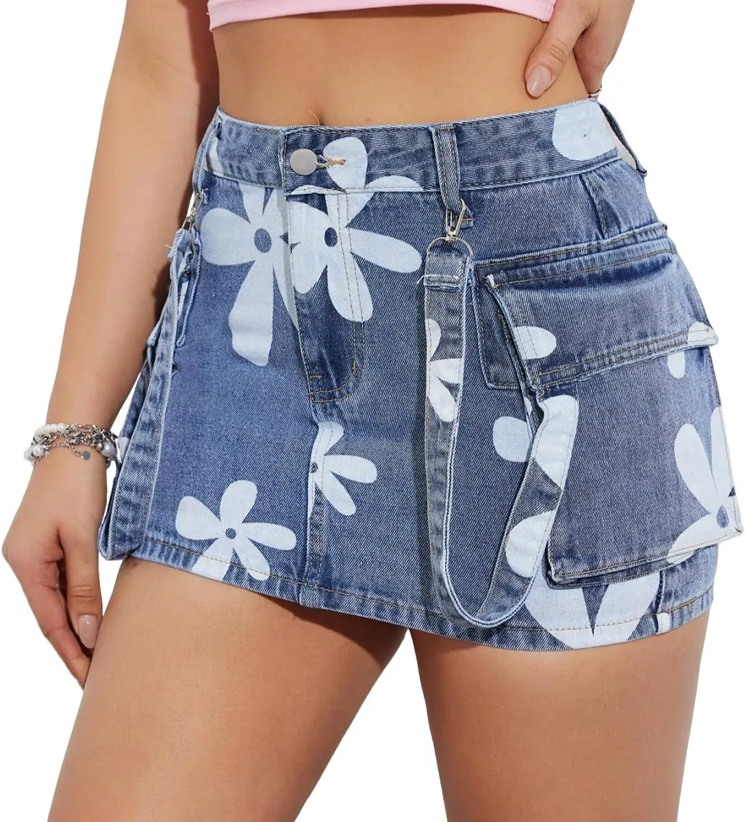 Womens Denim Mini Skirts High Waisted Cargo Skirt Cute Denim Side Slit Skirt with Pockets