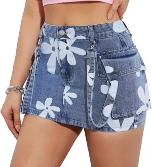 Womens Denim Mini Skirts High Waisted Cargo Skirt Cute Denim Side Slit Skirt with Pockets