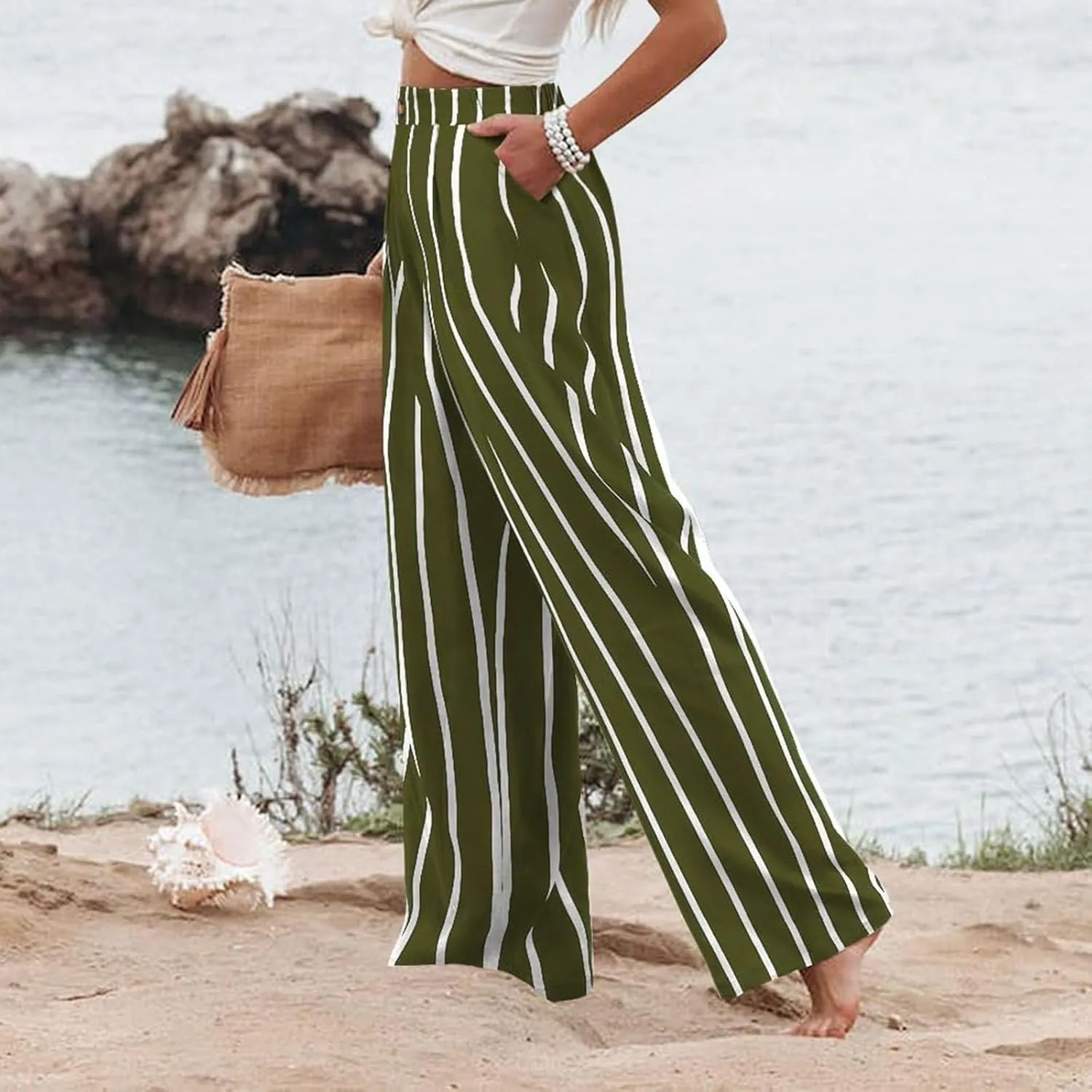 Women's Dress Pants Cotton Linen Wide Leg Pants with Pockets Button Down Office Pleated Business Casual Work Trousers