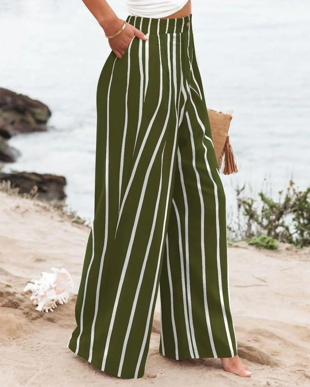 Women's Dress Pants Cotton Linen Wide Leg Pants with Pockets Button Down Office Pleated Business Casual Work Trousers