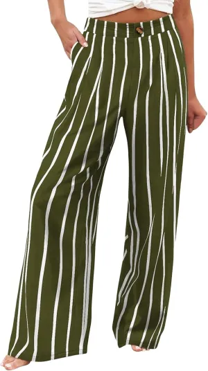 Women's Dress Pants Cotton Linen Wide Leg Pants with Pockets Button Down Office Pleated Business Casual Work Trousers