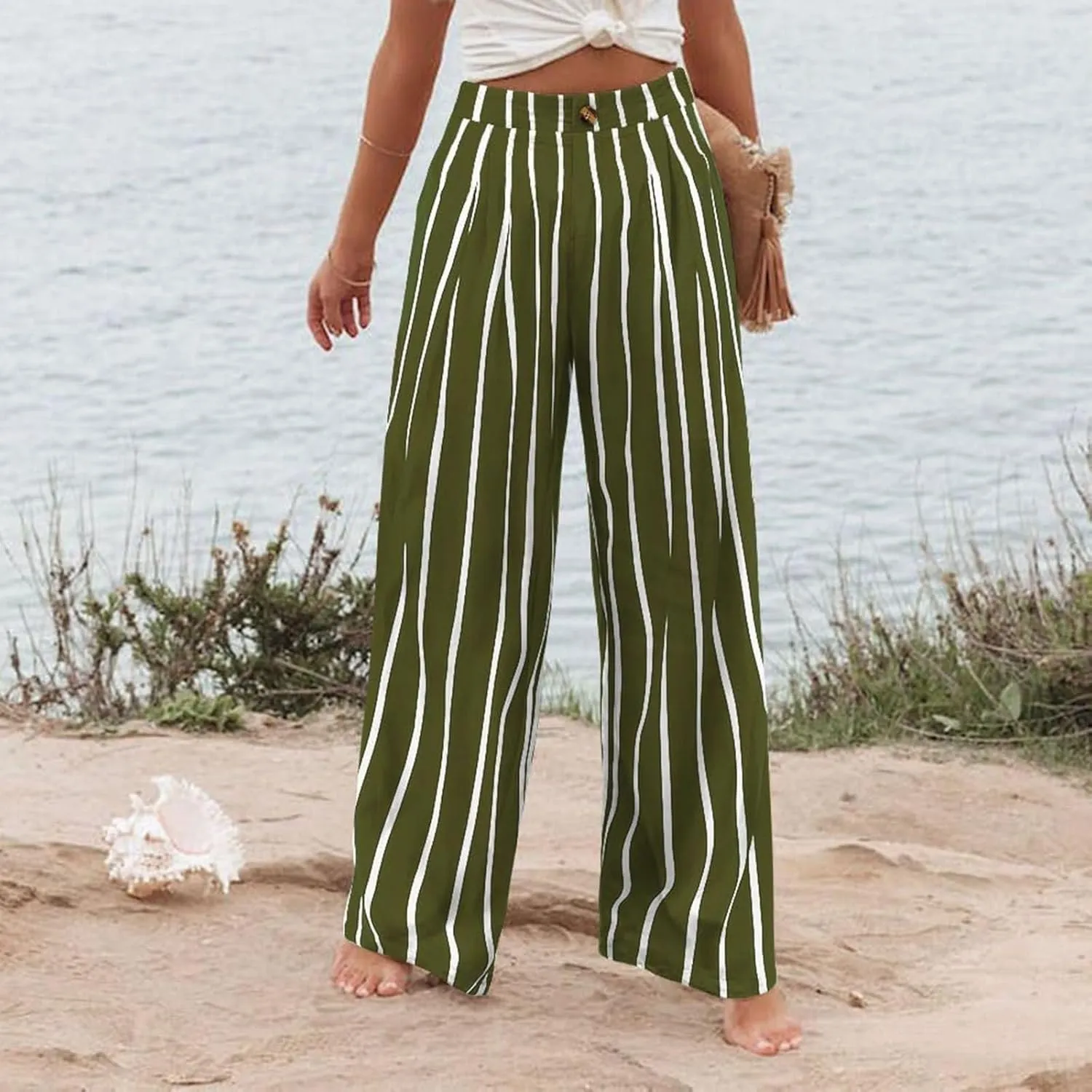 Women's Dress Pants Cotton Linen Wide Leg Pants with Pockets Button Down Office Pleated Business Casual Work Trousers