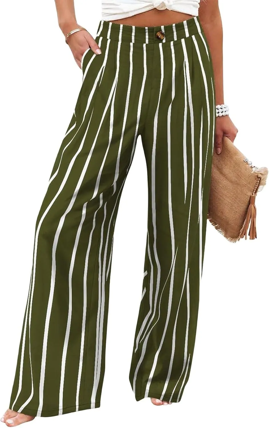 Women's Dress Pants Cotton Linen Wide Leg Pants with Pockets Button Down Office Pleated Business Casual Work Trousers