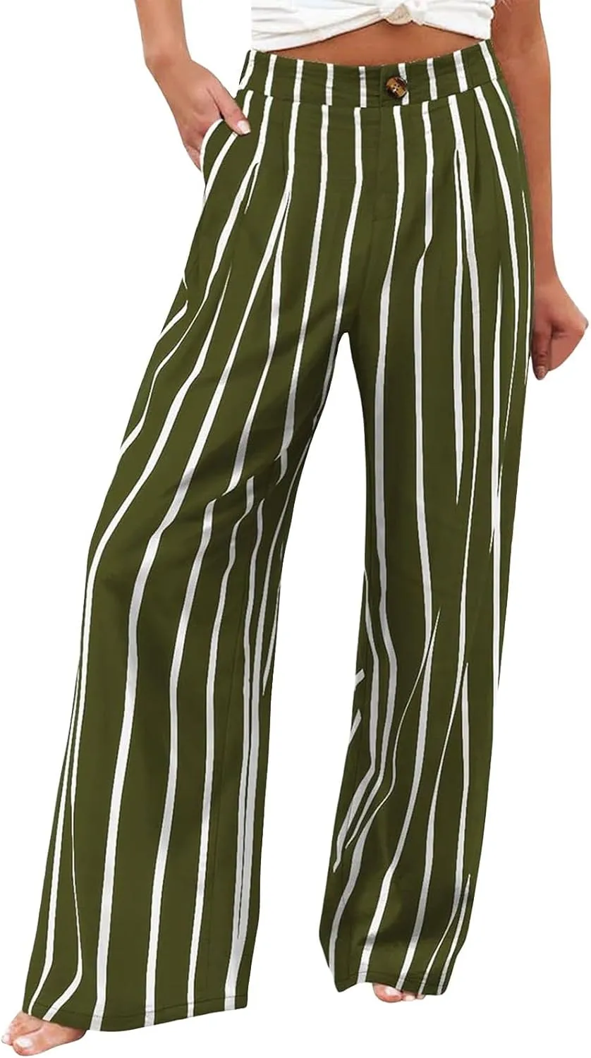 Women's Dress Pants Cotton Linen Wide Leg Pants with Pockets Button Down Office Pleated Business Casual Work Trousers