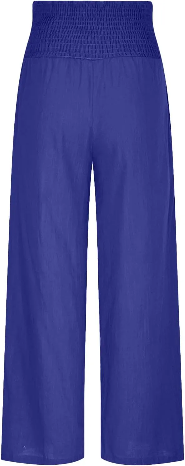 Womens Elastic High Waisted Palazzo Pants Summer Casual Cotton Linen Pants Flowy Wide Leg Trousers with Pocket