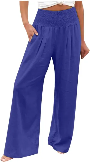 Womens Elastic High Waisted Palazzo Pants Summer Casual Cotton Linen Pants Flowy Wide Leg Trousers with Pocket