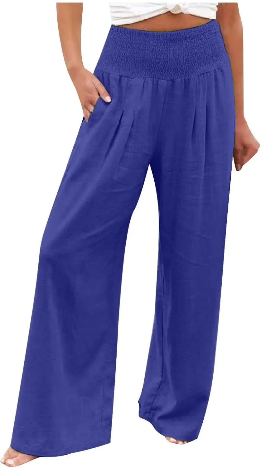 Womens Elastic High Waisted Palazzo Pants Summer Casual Cotton Linen Pants Flowy Wide Leg Trousers with Pocket