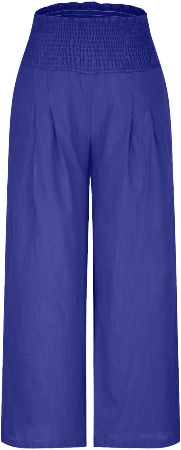 Womens Elastic High Waisted Palazzo Pants Summer Casual Cotton Linen Pants Flowy Wide Leg Trousers with Pocket