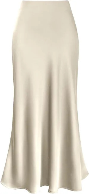 Women's Elegant Long Satin Skirt Silk Dressy Hidden Elastic Waist Flared A-Line Maxi Skirts Solid Color Business Dress