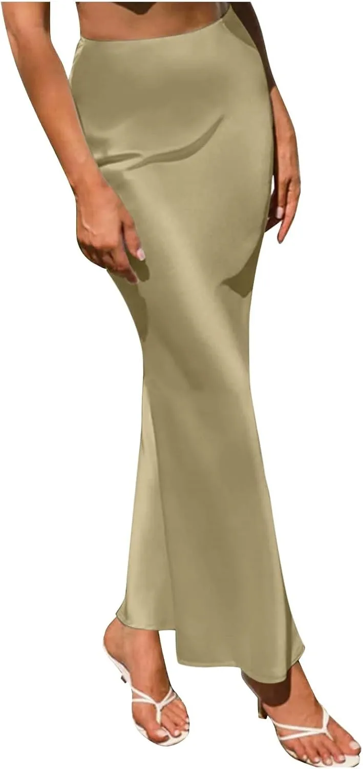 Women's Elegant Long Satin Skirt Silk Dressy Hidden Elastic Waist Flared A-Line Maxi Skirts Solid Color Business Dress
