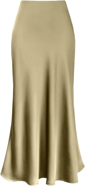 Women's Elegant Long Satin Skirt Silk Dressy Hidden Elastic Waist Flared A-Line Maxi Skirts Solid Color Business Dress