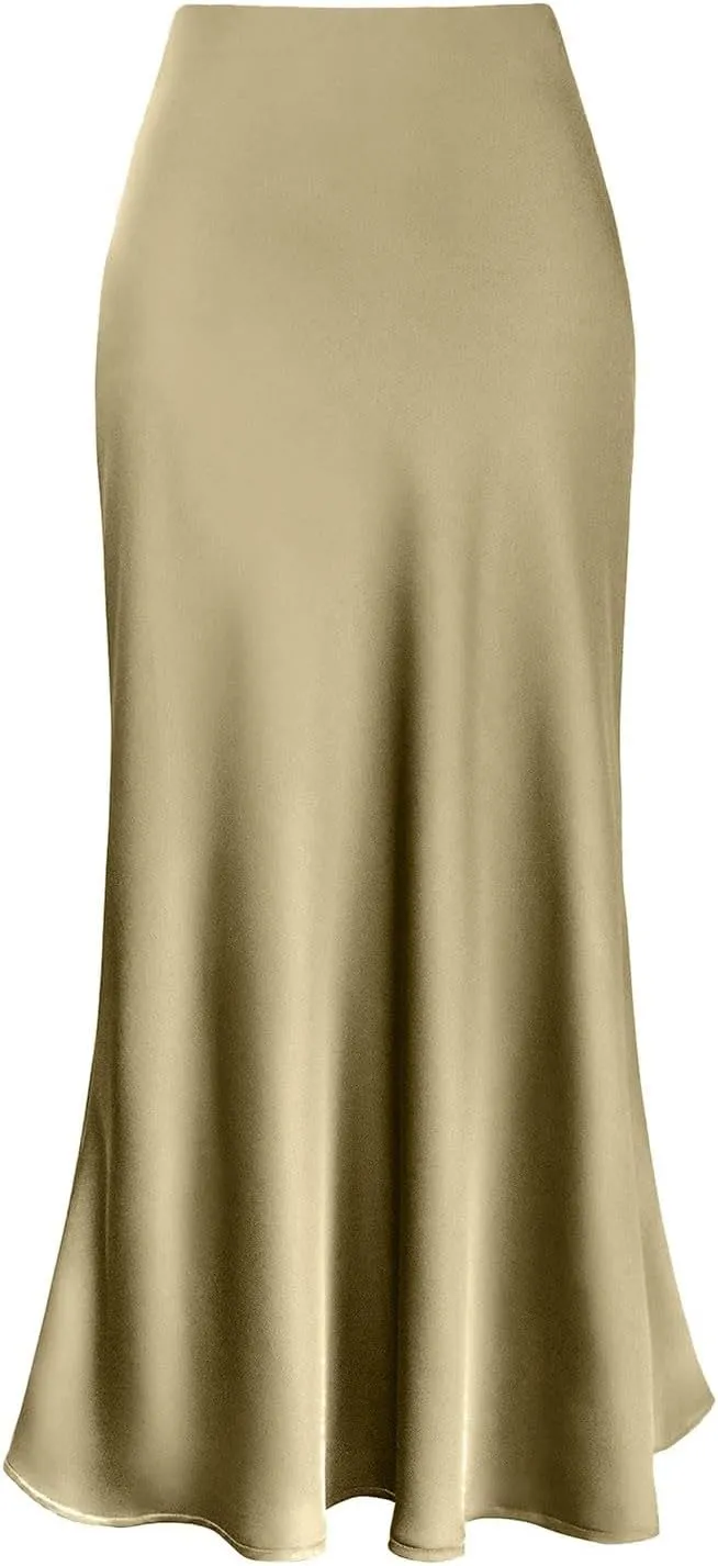 Women's Elegant Long Satin Skirt Silk Dressy Hidden Elastic Waist Flared A-Line Maxi Skirts Solid Color Business Dress
