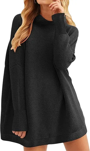 Women's Fall Sweater Short Pullover Dress 2025 Loose Turtleneck Long Sleeve Cocktail Party Ribbed Knit Mini Dress
