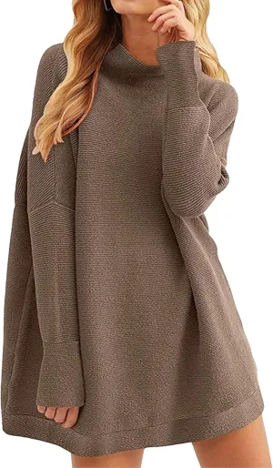 Women's Fall Sweater Short Pullover Dress 2025 Loose Turtleneck Long Sleeve Cocktail Party Ribbed Knit Mini Dress