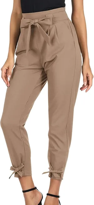 Women's Faux Leather Pants High Waisted PU Leggings Stretchy Tights Solid Pencil Pants with Bow Tie Belt and Pockets
