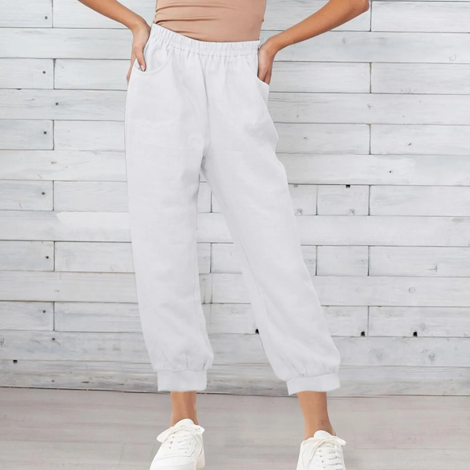 Women's High Waist Cotton Linen Cropped Pant, Summer Casual Baggy Sports Joggers Elastic Waist Trousers with Pockets