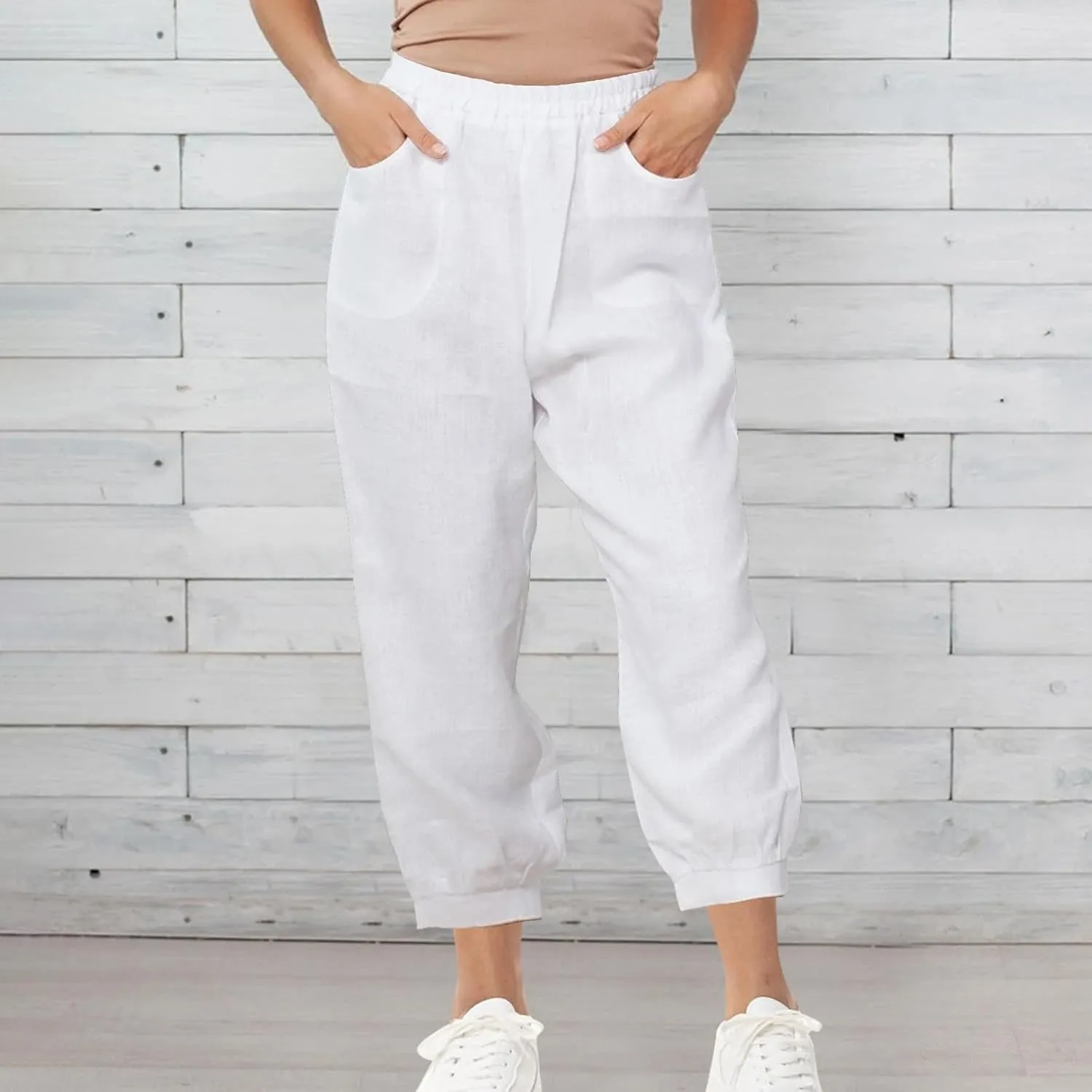 Women's High Waist Cotton Linen Cropped Pant, Summer Casual Baggy Sports Joggers Elastic Waist Trousers with Pockets
