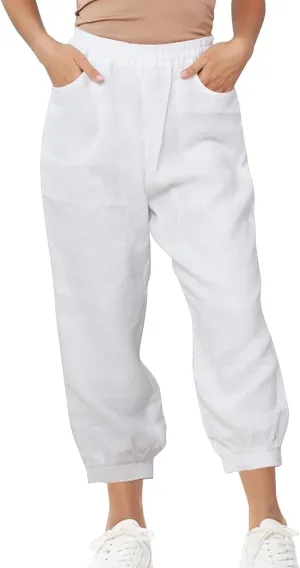 Women's High Waist Cotton Linen Cropped Pant, Summer Casual Baggy Sports Joggers Elastic Waist Trousers with Pockets