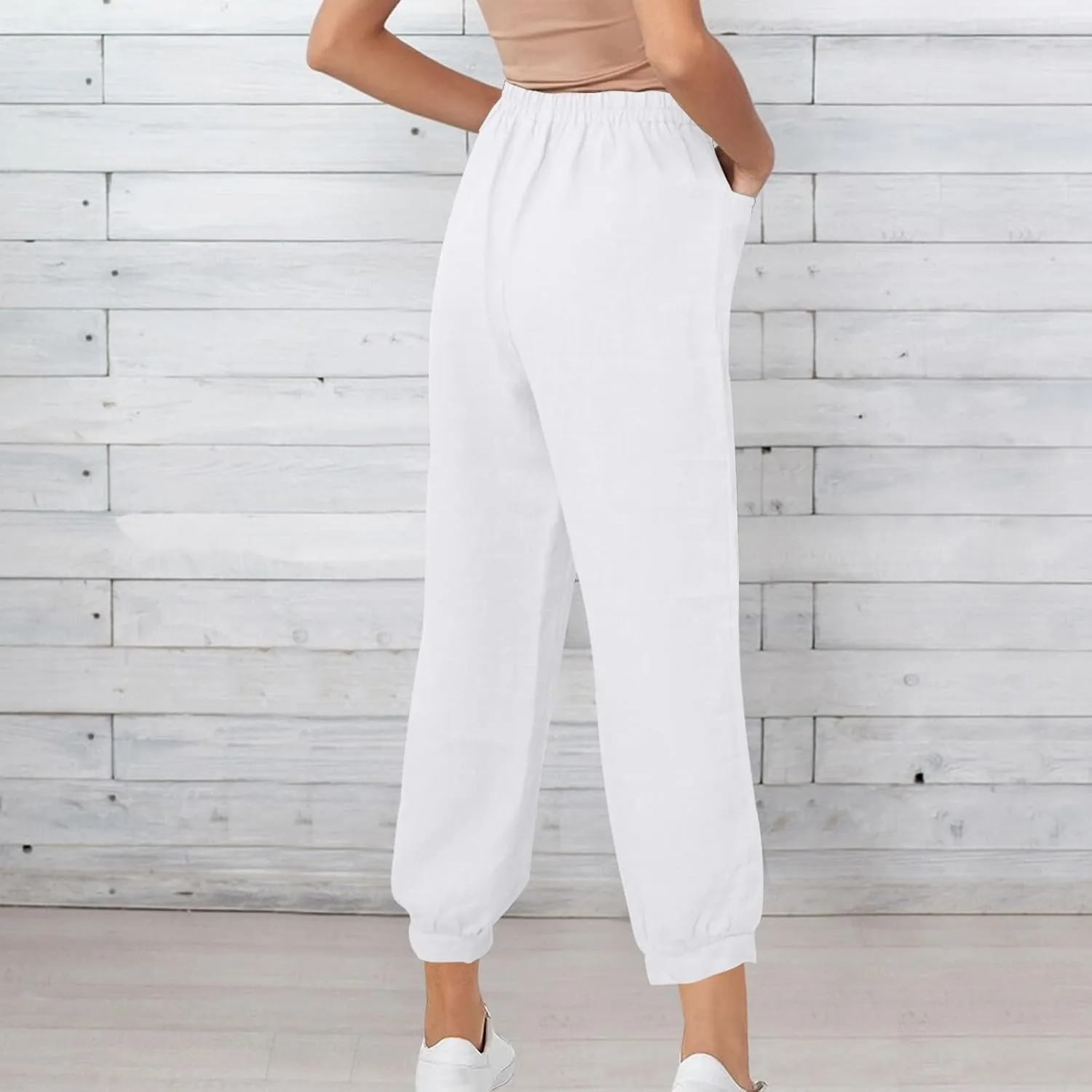Women's High Waist Cotton Linen Cropped Pant, Summer Casual Baggy Sports Joggers Elastic Waist Trousers with Pockets