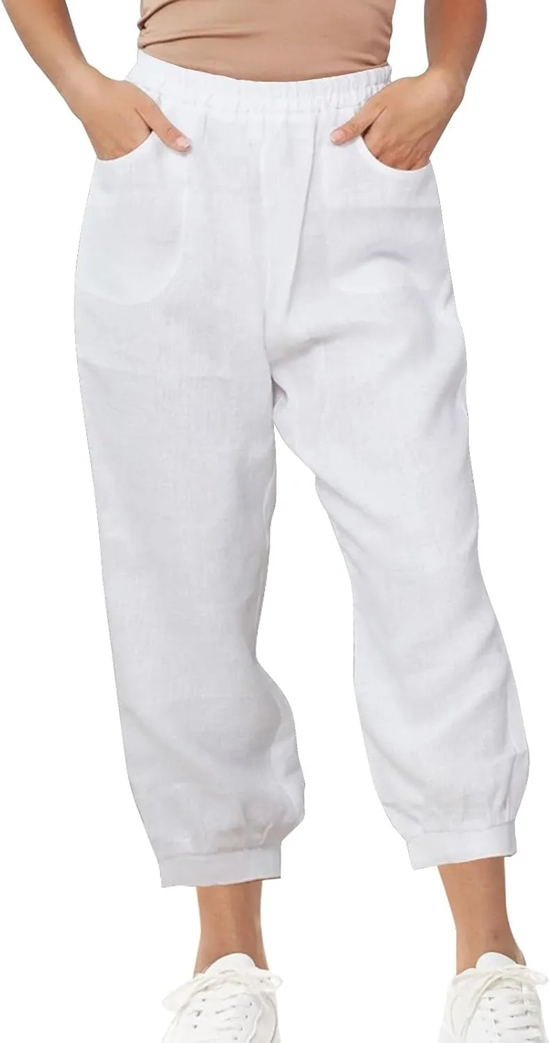 Women's High Waist Cotton Linen Cropped Pant, Summer Casual Baggy Sports Joggers Elastic Waist Trousers with Pockets