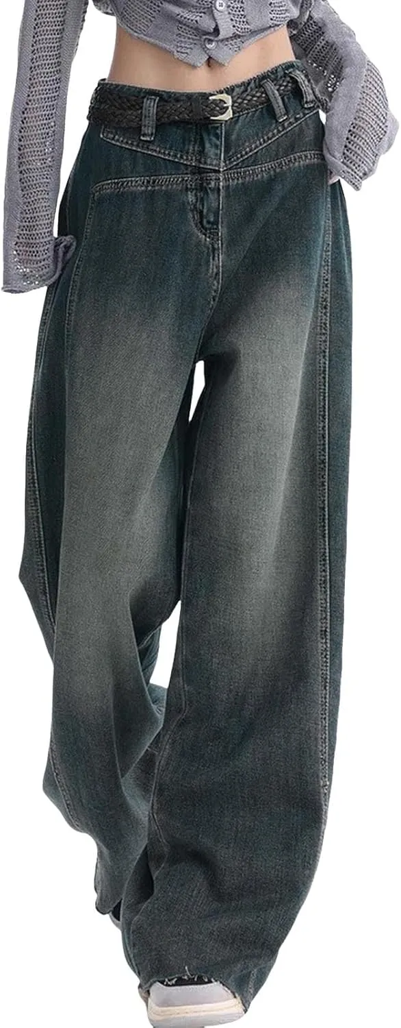 Womens High Waisted Cargo Jeans Wide Straight Leg Tummy Control Trendy Boyfriend Denim Pants Casual Baggy Jean Trousers