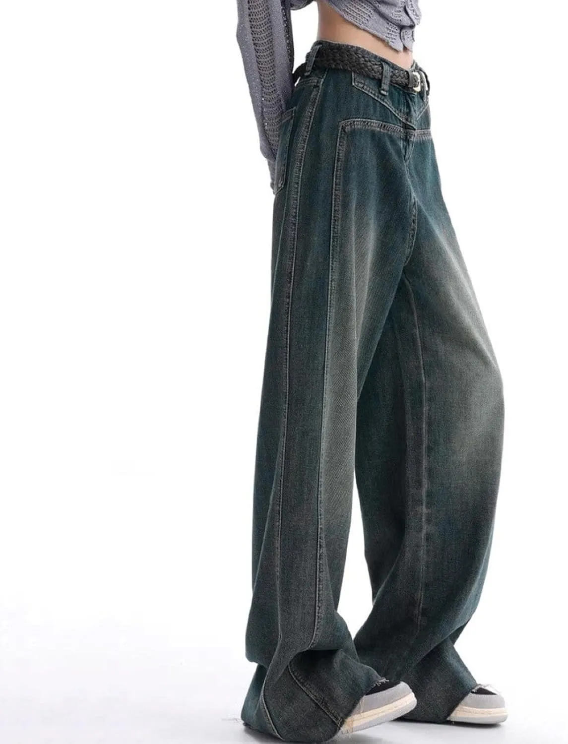 Womens High Waisted Cargo Jeans Wide Straight Leg Tummy Control Trendy Boyfriend Denim Pants Casual Baggy Jean Trousers