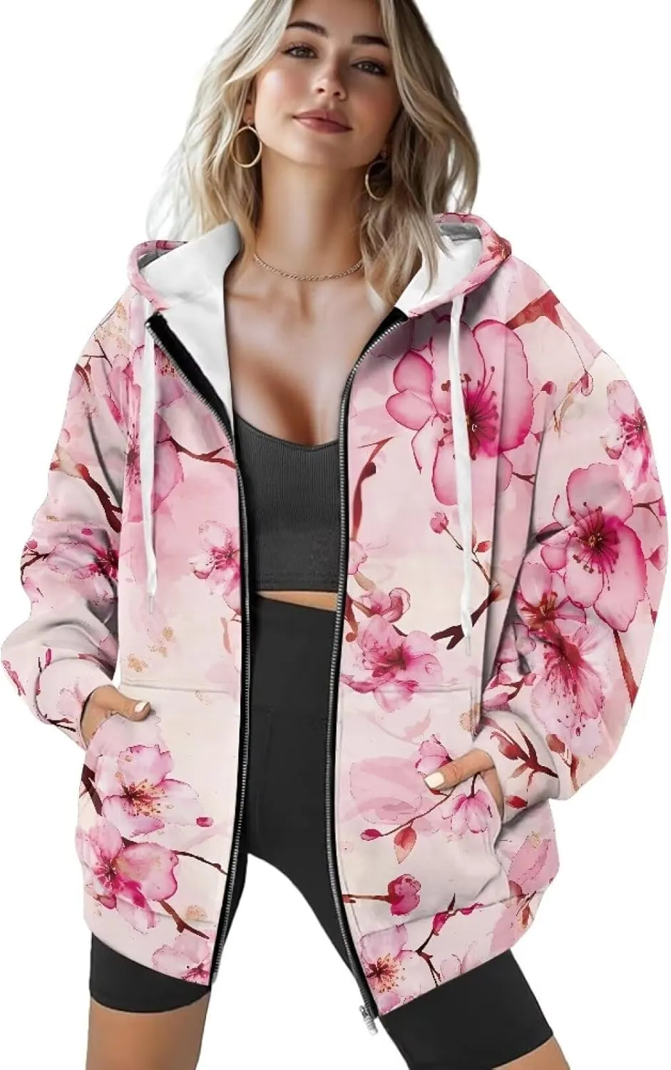 Women's Hoodie Full Zip Up Sweatshirts Long Sleeve Fashion Clothes Oversized Jacket with Pockets