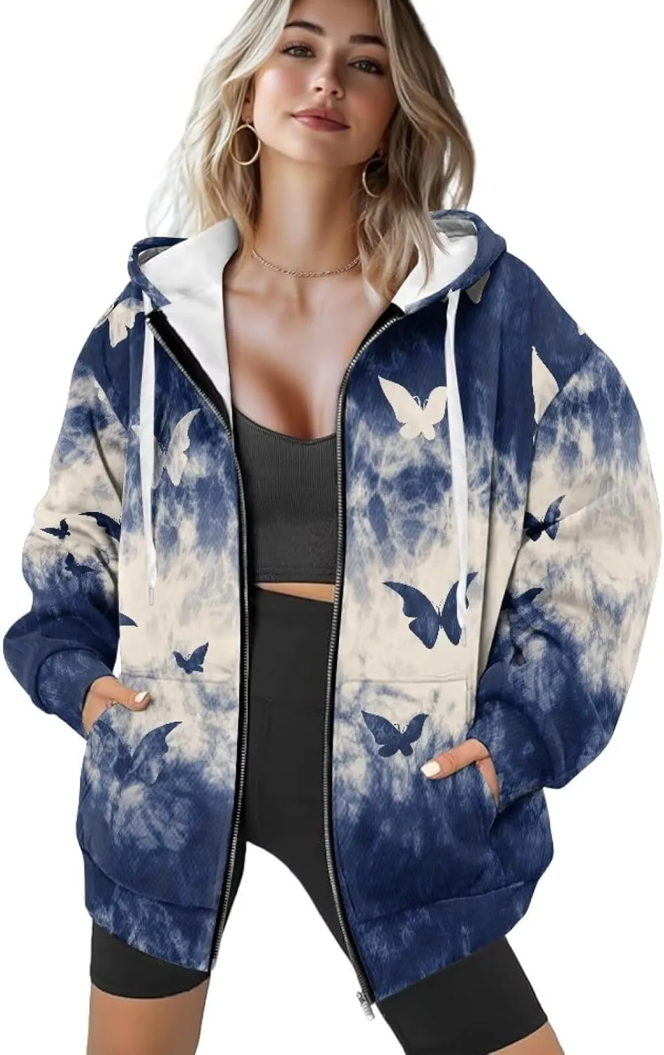 Women's Hoodie Full Zip Up Sweatshirts Long Sleeve Fashion Clothes Oversized Jacket with Pockets