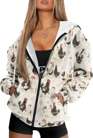 Women's Hoodie Full Zip Up Sweatshirts Long Sleeve Fashion Clothes Oversized Jacket with Pockets