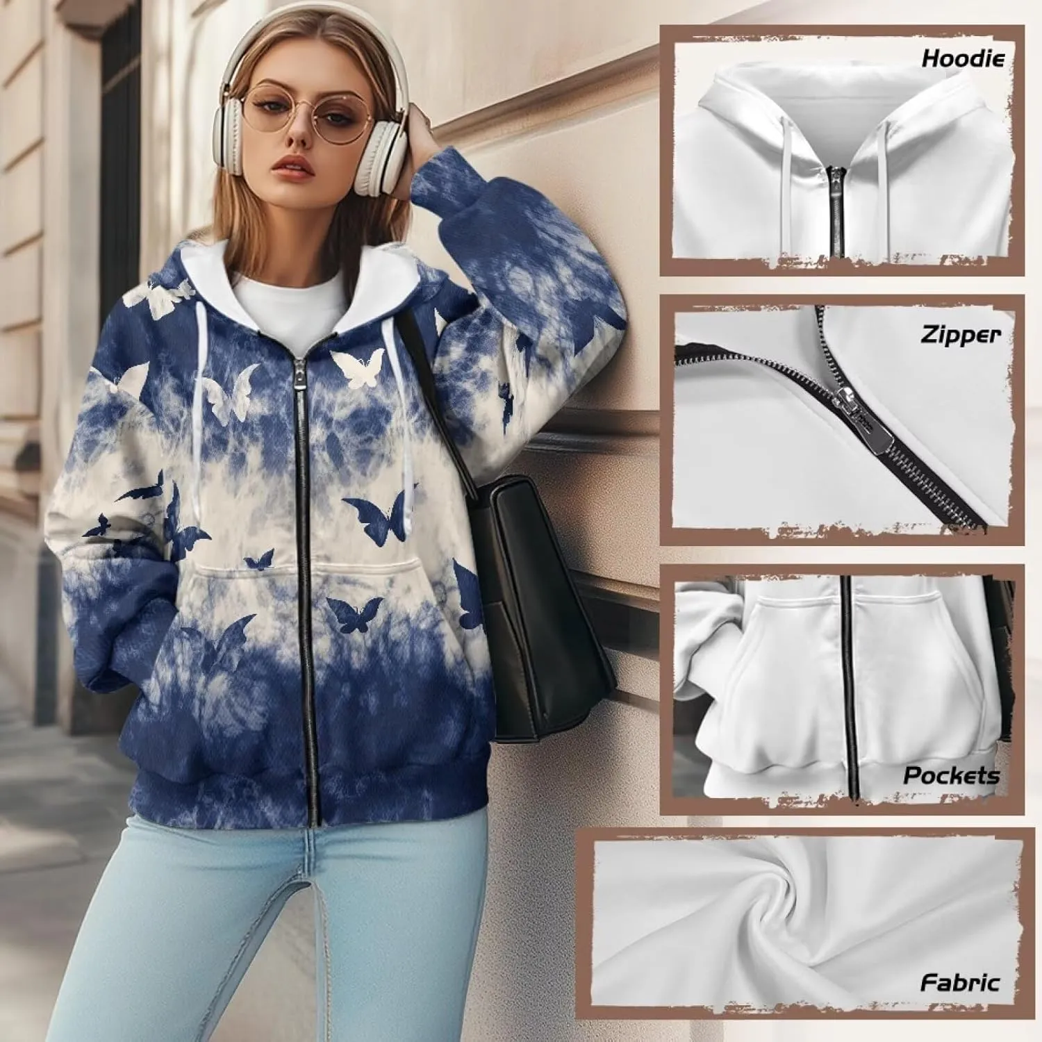 Women's Hoodie Full Zip Up Sweatshirts Long Sleeve Fashion Clothes Oversized Jacket with Pockets