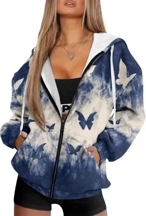 Women's Hoodie Full Zip Up Sweatshirts Long Sleeve Fashion Clothes Oversized Jacket with Pockets