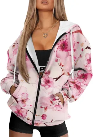 Women's Hoodie Full Zip Up Sweatshirts Long Sleeve Fashion Clothes Oversized Jacket with Pockets