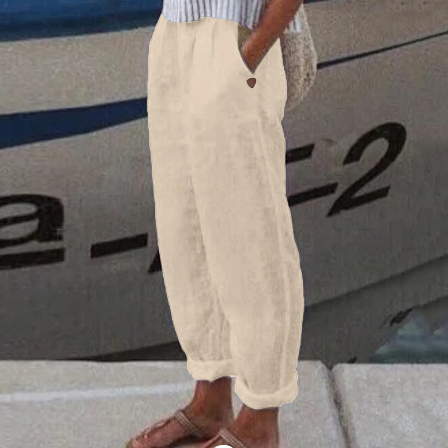 Women's Linen Blend Summer Boho Palazzo Pants Low Waist Lounge Pants Slim Fit Palazzo Lounge Pants Vacation