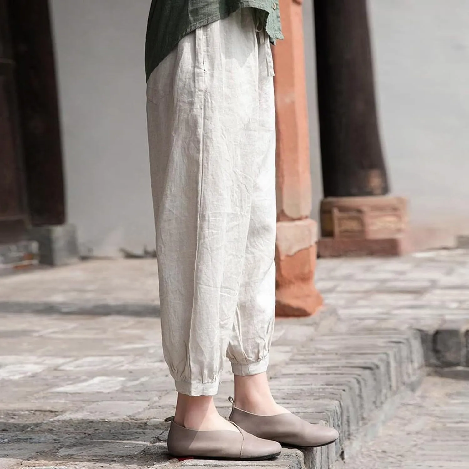 Womens Linen Blend Summer Loose Pants Low Waist Bootcut Loose Fit Pant Trousers Travel