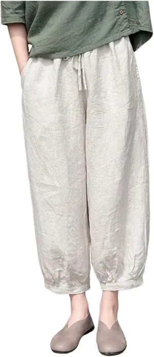 Womens Linen Blend Summer Loose Pants Low Waist Bootcut Loose Fit Pant Trousers Travel