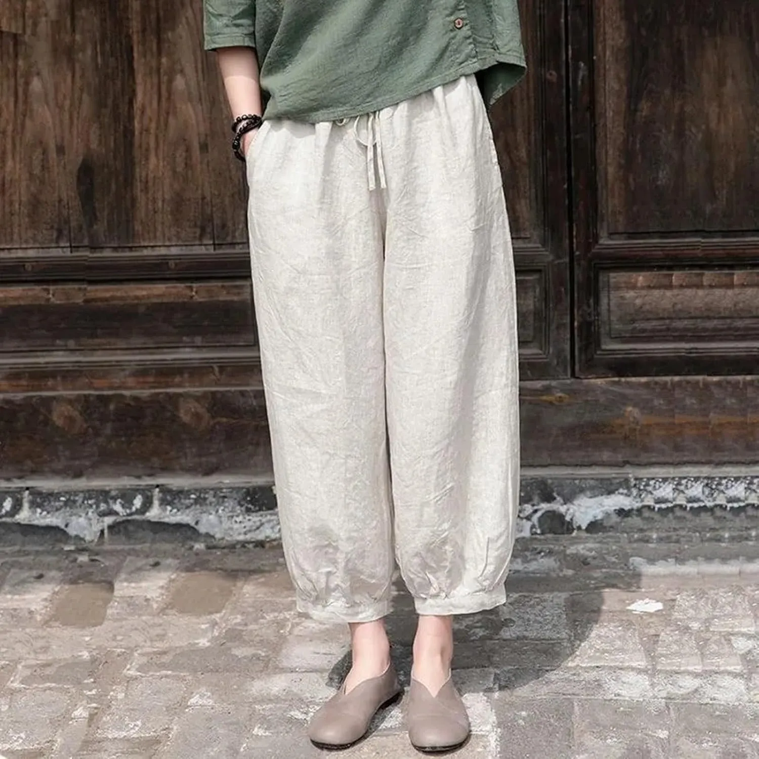 Womens Linen Blend Summer Loose Pants Low Waist Bootcut Loose Fit Pant Trousers Travel