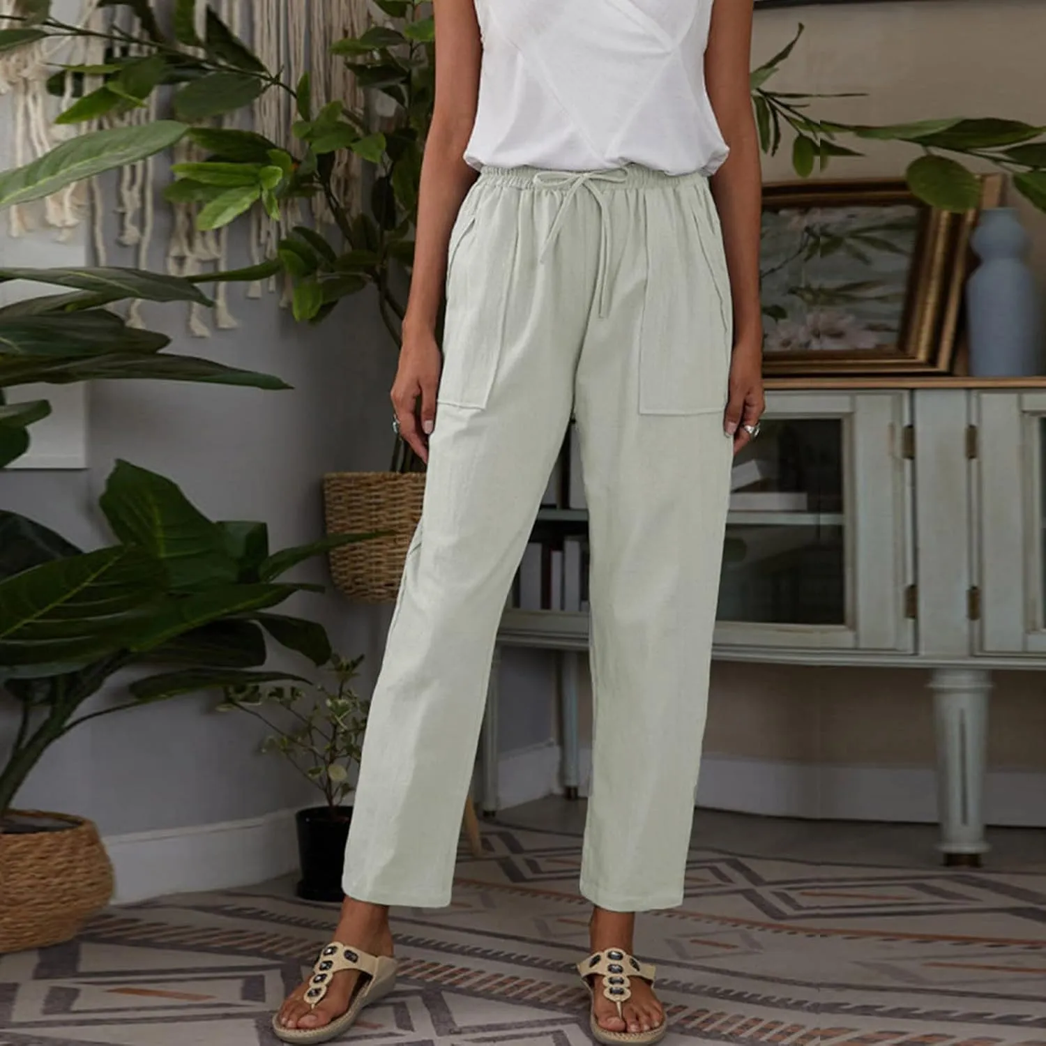 Womens Linen Blend Summer Print Pant Trousers Low Waist Ankle Length Loose Fit Trouser Office