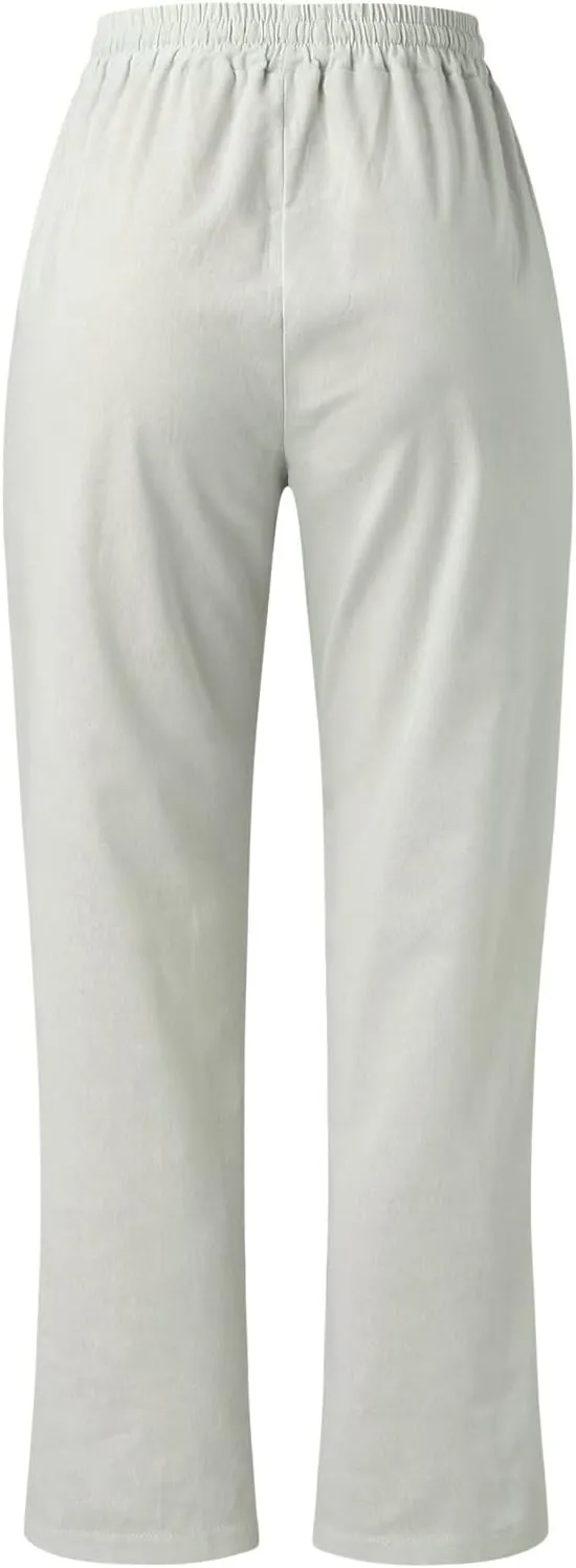 Womens Linen Blend Summer Print Pant Trousers Low Waist Ankle Length Loose Fit Trouser Office