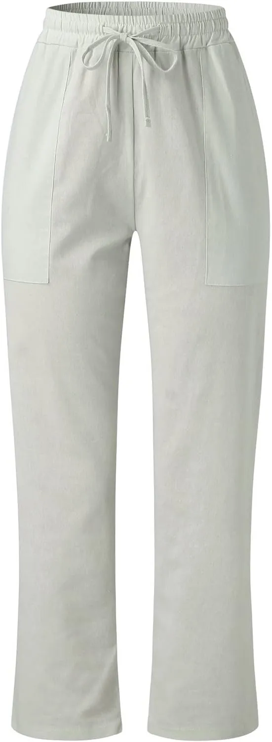 Womens Linen Blend Summer Print Pant Trousers Low Waist Ankle Length Loose Fit Trouser Office