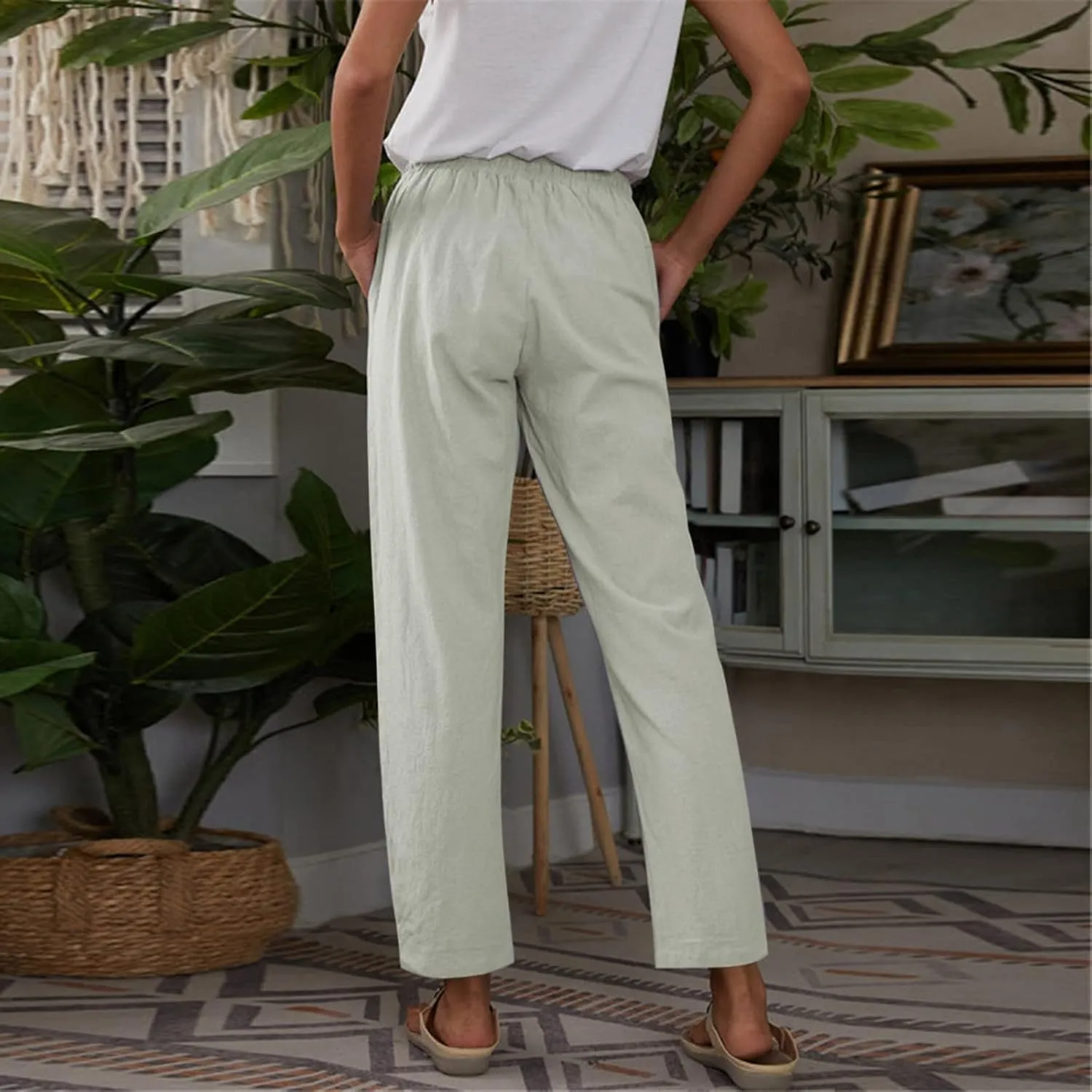 Womens Linen Blend Summer Print Pant Trousers Low Waist Ankle Length Loose Fit Trouser Office