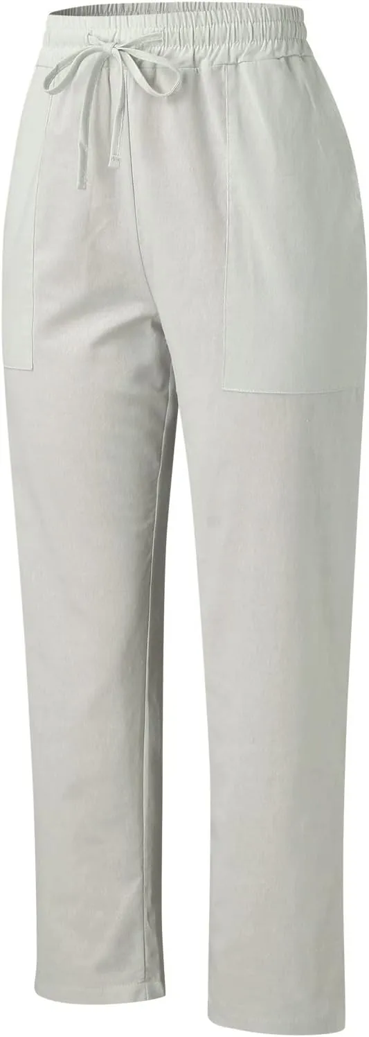 Womens Linen Blend Summer Print Pant Trousers Low Waist Ankle Length Loose Fit Trouser Office