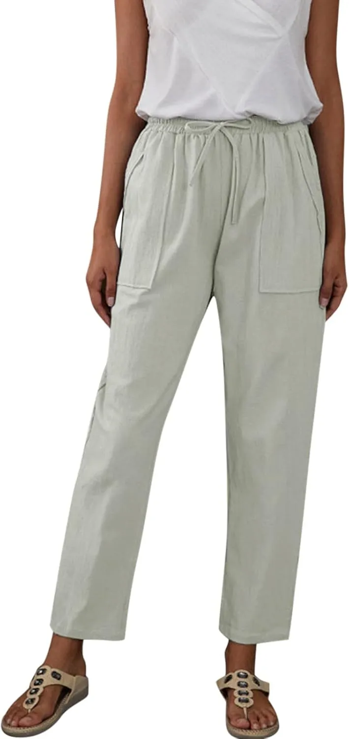 Womens Linen Blend Summer Print Pant Trousers Low Waist Ankle Length Loose Fit Trouser Office