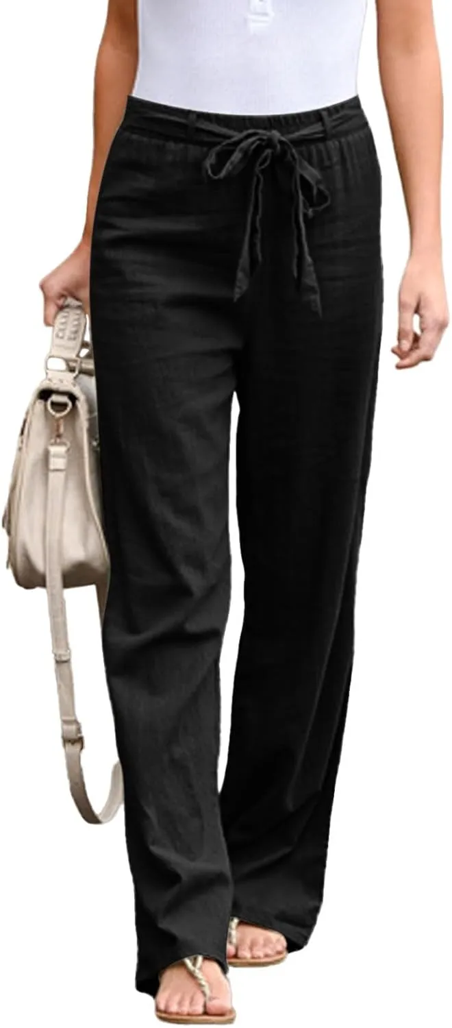 Women's Linen Blend Summer Solid Palazzo Pants High Waist Straight Plus Size Palazzo Lounge Pants Vacation