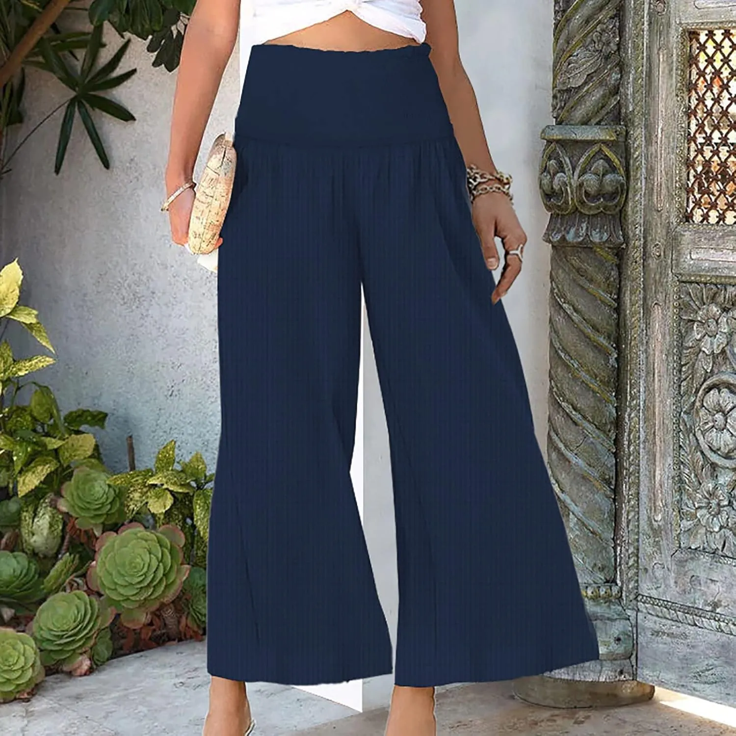 Womens Linen Capri Pants Wide Leg Palazzo Lounge Pant Summer High Waisted Flowy Beach Work Boho Casual Trousers